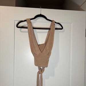 Tan Crop Top Tank with Open Back and Wrap Around Tie
